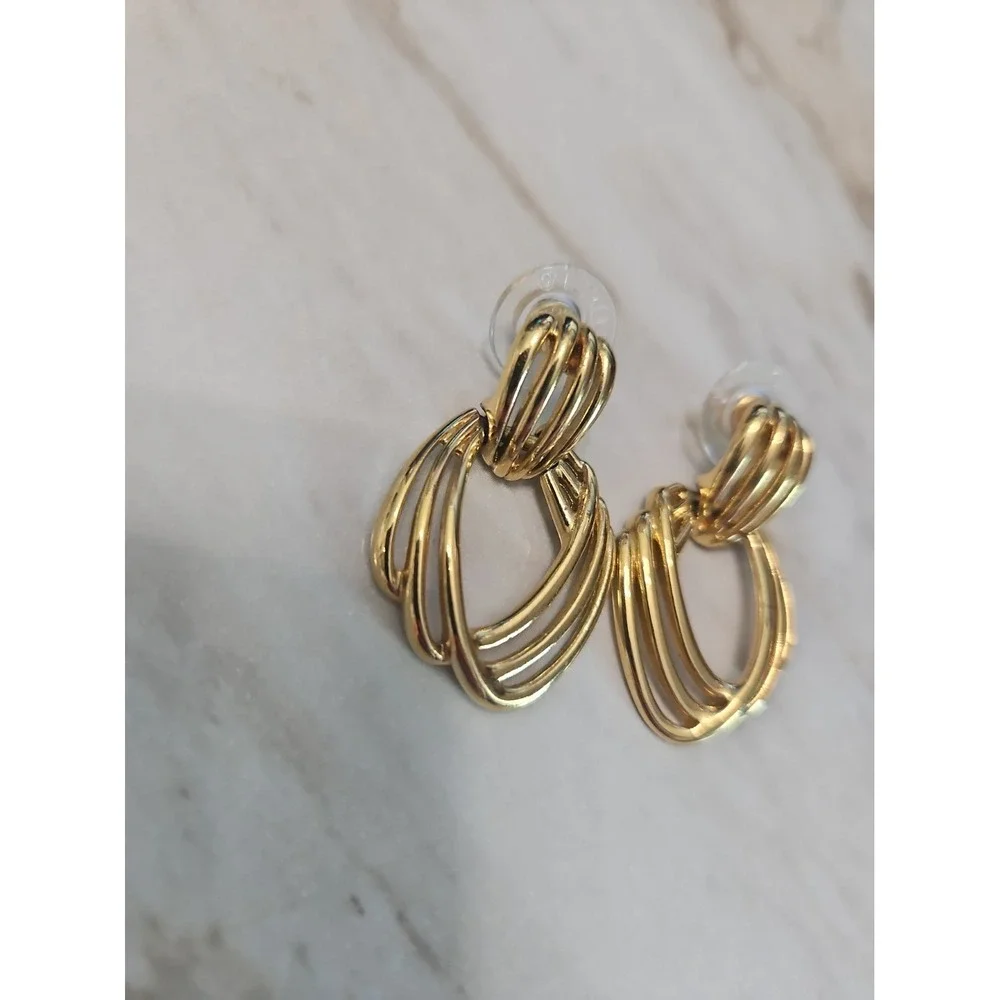 Monet Open Work Earrings Gold Tone Door Knocker Dangle Pierced